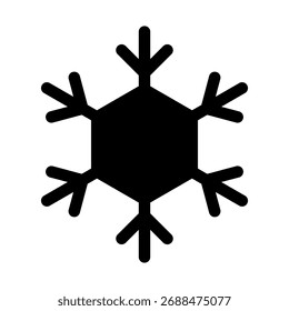 A solid-style icon of a snow crystal, symbolizing winter and cold weather.