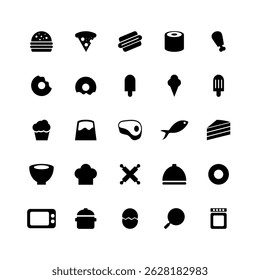 Solid-style icons of food and beverages including burger, egg, bread, cheese, drink, and more. Great for restaurant branding, menu design, food app, or kitchen-related visuals.