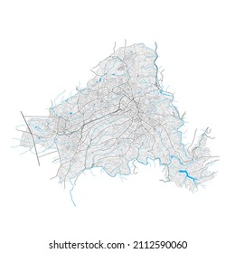 Solingen, North Rhine-Westphalia, Germany high resolution vector map with city boundaries and editable paths. White outlines for main roads. Many detailed paths. Blue shapes and lines for water.