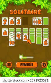 Solitaire Game UI. Cartoon Poker playing cards in carrot texture on Board Game top view- ground and leaves. Carrot push buttons. Assets for 2D Game development