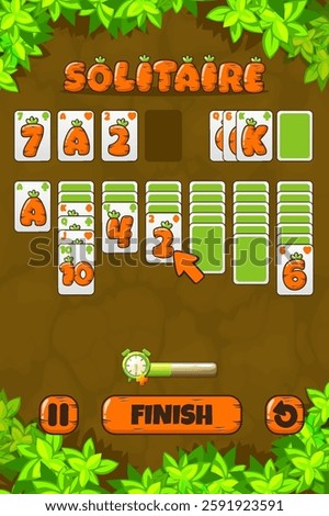 Solitaire Game UI. Cartoon Poker playing cards in carrot texture on Board Game top view- ground and leaves. Carrot push buttons. Assets for 2D Game development