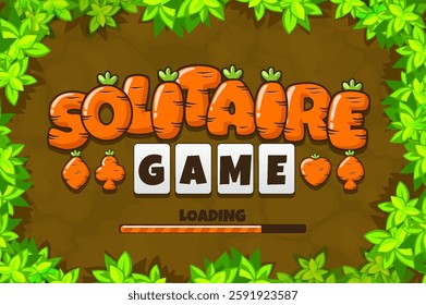Solitaire loading screen in carrot texture on Board Game top view- ground and leaves. LOGO for 2D game. Carrot SOLITAIRE game