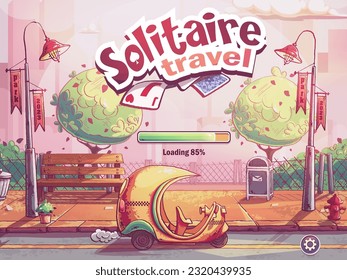 Solitaire travel - loading window match 3 game Vector background illustration. Flying car on the background of skyscrapers, trees, a bench on the sidewalk