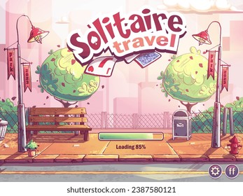 Solitaire travel - the loading window match 3 game. Vector background illustration. Flying car on the background of skyscrapers, trees, a bench on the sidewalk