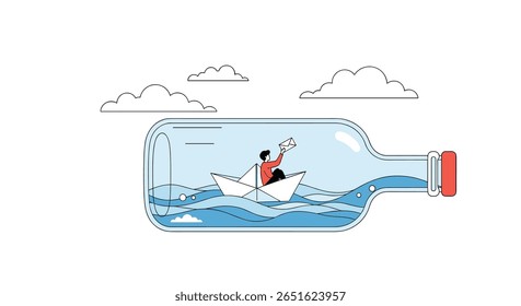 A solitary adventurer navigates a tiny paper boat across a vast ocean contained within a glass bottle