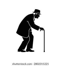 A solitary aged man's profile cane in hand conveys a poignant journey. Useful for themes of aging history or personal narrative.