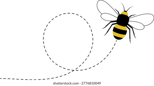 Solitary bee flying path, dotted line. The flight path of solitary bee. Bee flying on a dotted route. Professional Hand drawn vector. Bumblebee flying on dotted line path happy bee icon
