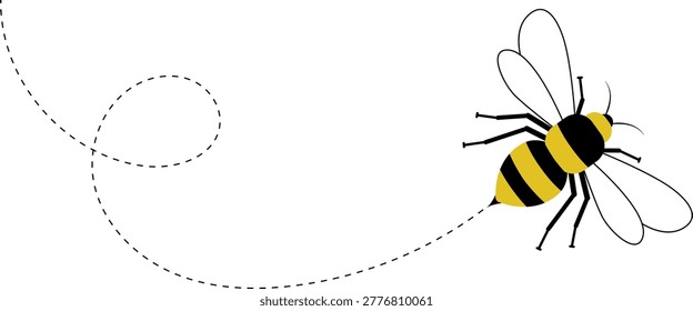 Solitary bee flying path, dotted line. The flight path of solitary bee. Bee flying on a dotted route. Professional Hand drawn vector. Bumblebee flying on dotted line path happy bee icon