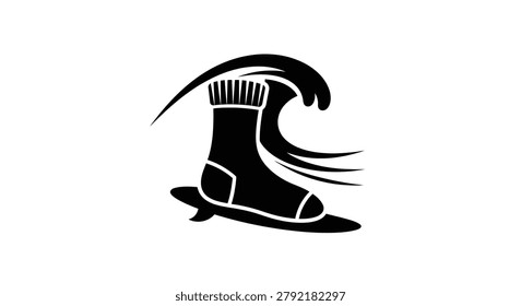 Solitary black boot on surfboard