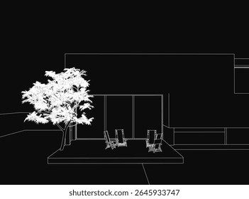 A solitary black and white tree stands in the center of a dimly lit room, surrounded by empty chairs and a table. The stark contour lines create an eerie, mysterious atmosphere.