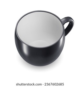A solitary ceramic cup in black, devoid of content, intended for beverages or other liquid items, set against a white backdrop.