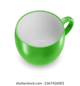 A solitary ceramic cup in green, devoid of content, intended for beverages or other liquid items, set against a white backdrop.