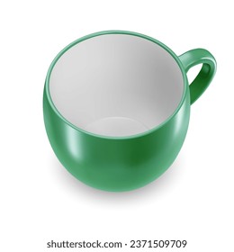 A solitary ceramic cup in green, devoid of content, intended for beverages or other liquid items, set against a white.