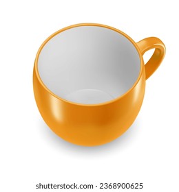 A solitary ceramic cup in orange, devoid of content, intended for beverages or other liquid items, set against a white backdrop.