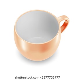 A solitary ceramic cup in orange, devoid of content, intended for beverages or other liquid items, set against a white