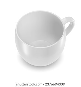 A solitary ceramic cup in white, devoid of content, intended for beverages or other liquid items, set against a white backdrop.