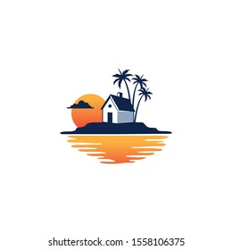 Solitary Cottage Home Stay In The Island Beach Of Country Side Village With Sunset Behind Vector Logo Design Template