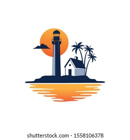 Solitary Cottage Home Stay In The Island Beach Of Country Side Village With Sunset Behind Lighthouse Tower Vector Logo Design Template