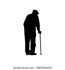 A solitary elder viewed from behind uses a walking stick during twilight. Useful for themes of aging or reflection.