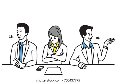 Solitary female office worker, feel stressed and frustrated, among other colleague happy and laughing. Business concept in introvert, lonely, frustration, alone, solitude, social relationship.