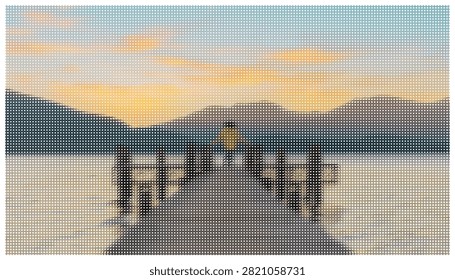 Solitary figure at end of dock overlooking calm water and mountain range, sunset horizon in artistic halftone vector style for peaceful concept.