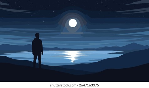 A Solitary Figure Gazes at the Moonlit Lake Under the Night Sky