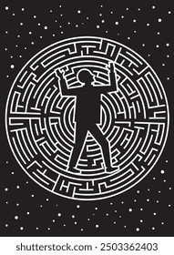 Solitary figure navigates intricate labyrinthine pathways