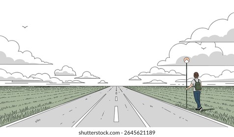 Uma figura solitária está à beira de uma longa estrada sob um vasto céu nublado