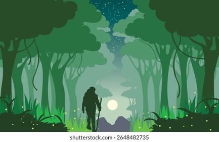 A solitary hiker journeys through a lush forest at night under a starry sky and bright moon.