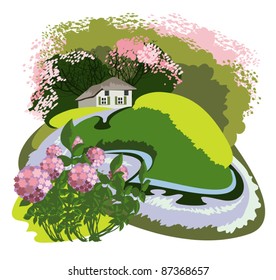 Solitary large farm in a forest glade near the river