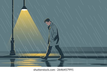 A solitary man walks through a quiet city street under the rain