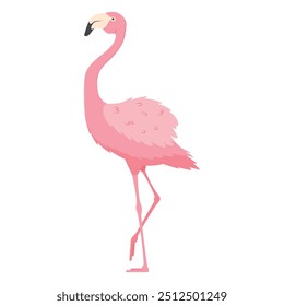 A solitary pink flamingo stands tall on one leg, its feathers softly ruffled, showcasing the beauty of this unique bird. The simple background emphasizes its bright color and form.