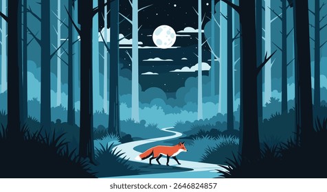 A solitary red fox traverses a moonlit path through a tranquil pixel art forest with towering trees and a winding stream under a starry night sky