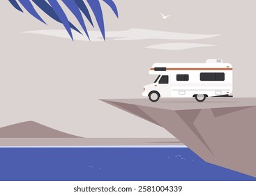 A solitary RV parked on a cliffside overlooking calm waters, surrounded by gentle mountains and swaying greenery, the time of day suggests tranquility and reflection