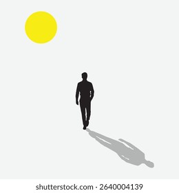 A solitary silhouette of a man walking forward, casting a long shadow, under a bright yellow sun on a minimalist white background