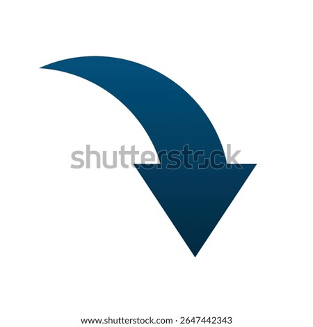 A solitary, stylized arrow dominates the composition, gracefully curving downwards against a stark white background.