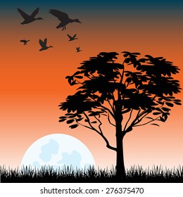 The Solitary tree on glade at night.Vector illustration