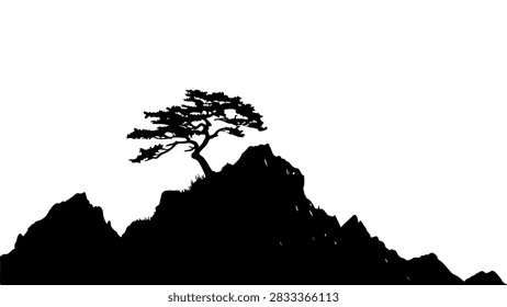 A solitary tree perched on a mountain summit, silhouetted against a stark white sky, emphasizing natural beauty and solitude in landscape photography.