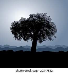 A solitary tree stands in a winter background