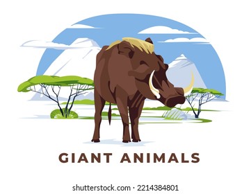 A solitary warthog in the savannah. Wild African animals. Natural fauna. Panoramic landscape. Vector flat illustration