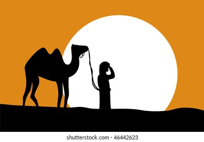 A solitary wayfarer with camel in the middle of the desert. Vector illustration