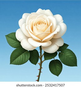 A solitary white rose stands out against a clear blue sky