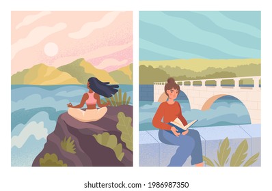 Concepto de soledad. Mujeres en bikini tomando el sol, meditando al borde del precipicio. Una mujer feliz y relajada leyendo un libro en un terraplén cerca del puente. La gente pasa el verano al aire libre. Ilustración vectorial plana