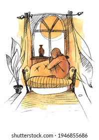 Solitude. Depression. A man sits alone in a room on a sofa by the window and thinks about the meaning of life