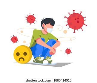 Solitude and depression from social distancing, isolated stay home alone in COVID-19 coronavirus crisis, anxiety from virus infection, Sad unhappy depressed young sit alone with virus pathogens
