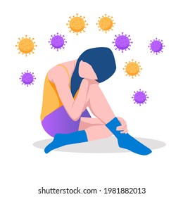Solitude and depression from social distancing, isolated stay home alone in COVID-19 coronavirus crisis, anxiety from virus infection, Sad unhappy depressed woman sit alone with virus pathogens