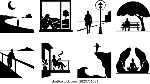 Solitude and introvert vector silhouettes set featuring lonely man by window, beach, park, balcony, and cliff isolated on white background.
