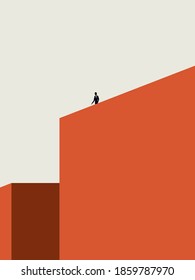 Solitude or loneliness vector illustration concept with man standing on top of building. Minimal abstract art. Eps10 illustration.