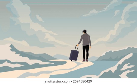 solitude travel therapy, healing practice concept, lonely man walking alone with luggage in quiet winter landscape, gloomy sky, travel and holiday , vector cartoon