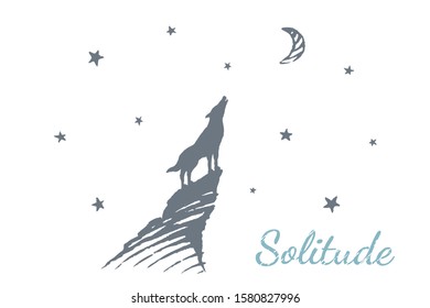 Solitude - vector atr concept sketch, hand drawn illustration. Howling wolf on top of a mountain against the night sky with stars and moon.